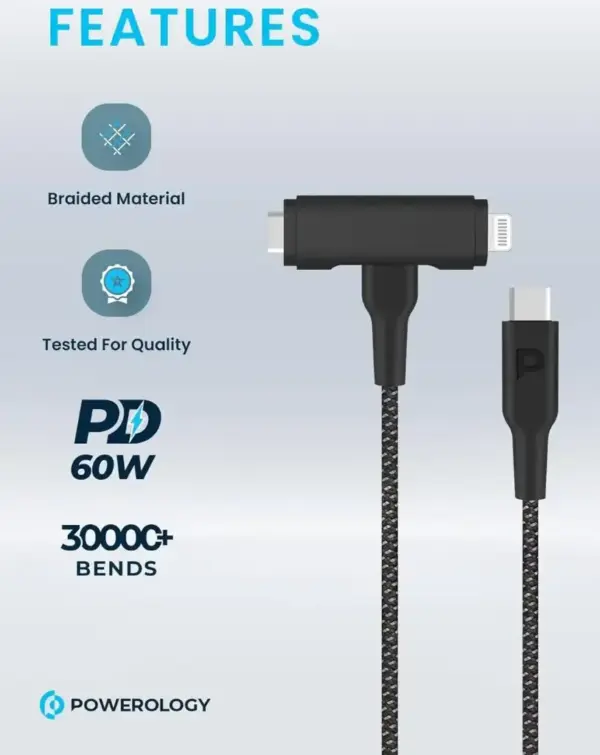 POWEROLOGY BRAIDED USB-C TO USB-C + LIGHTNING DATA & FAST CHARGE PD 60W | 1.2M BLACK